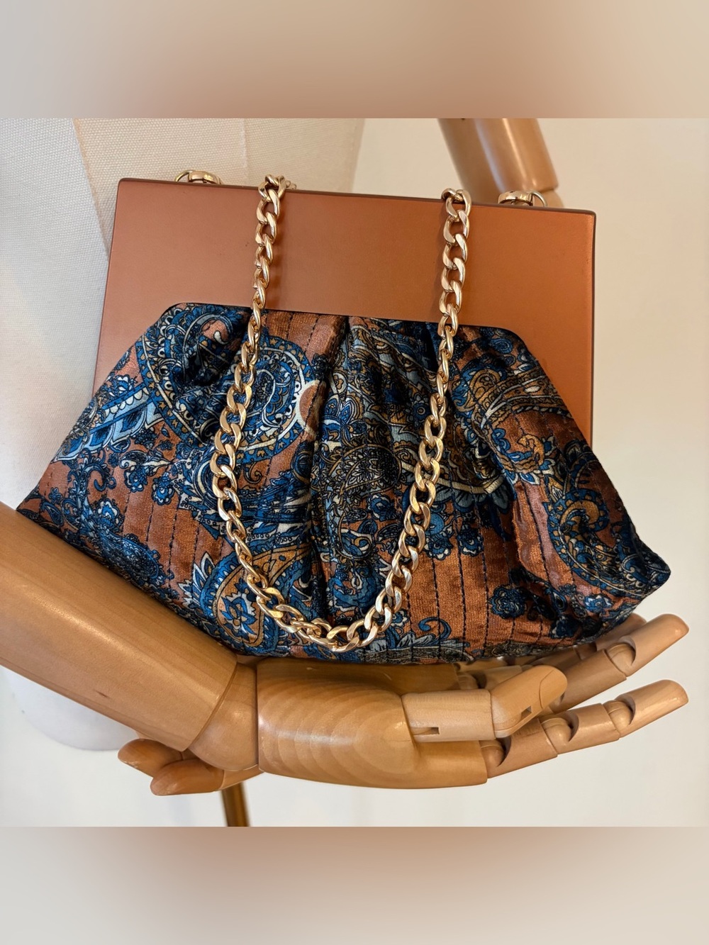 ⁠Anthropologie Paisley Velvet Clutch Bag w/ Gold Chain⁠